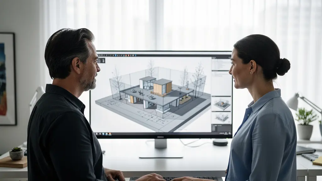 Architecte d'intérieur présentant plans 3D projet premium à investisseur immobilier