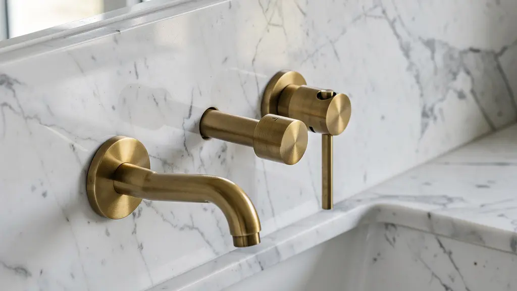 Détail matériaux premium salle de bain marbre veiné et robinetterie laiton valorisation bien