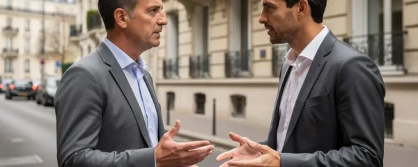 Conseiller en investissement immobilier échangeant avec un client devant un immeuble haussmannien