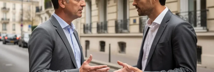 Conseiller en investissement immobilier échangeant avec un client devant un immeuble haussmannien