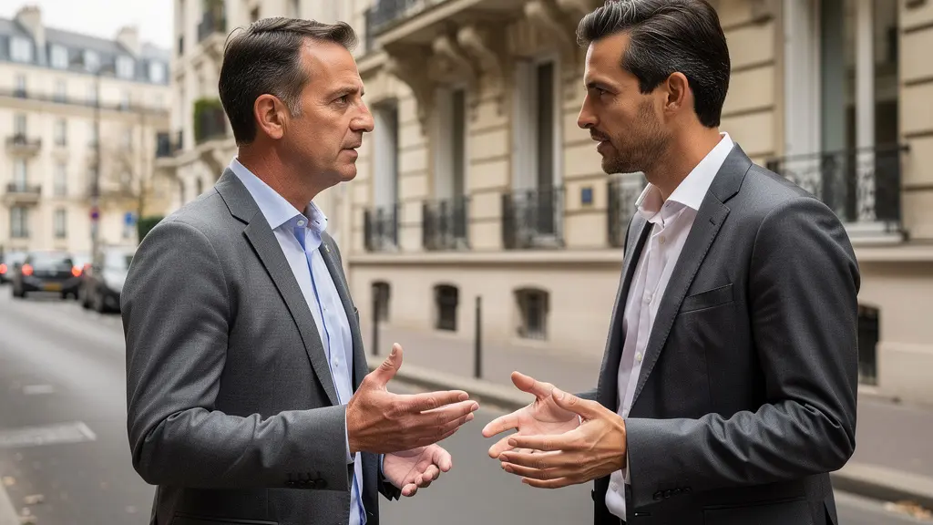 Conseiller en investissement immobilier échangeant avec un client devant un immeuble haussmannien