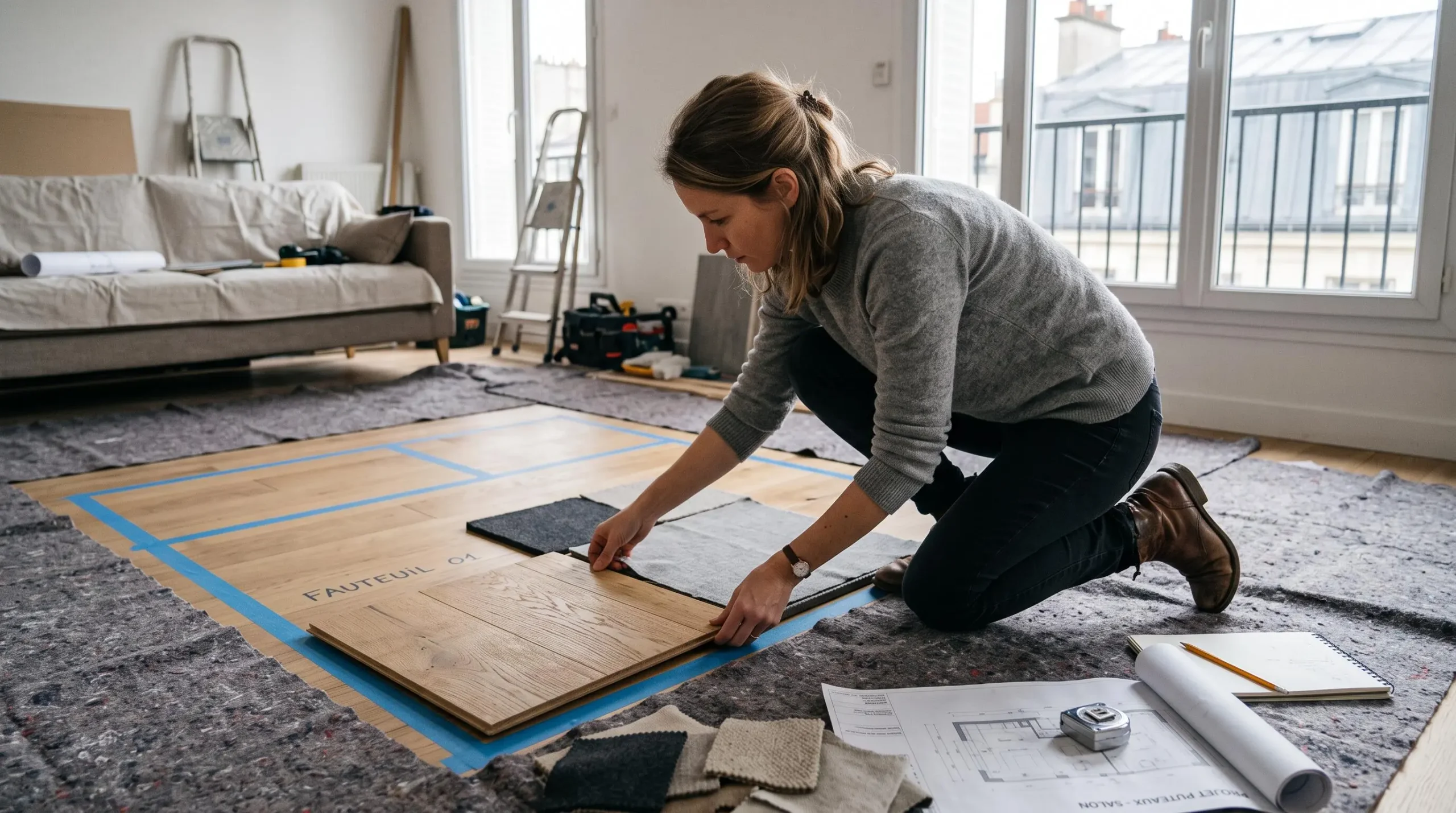 Une architecte d'intérieur compare des échantillons de matériaux au sol dans un salon en aménagement.