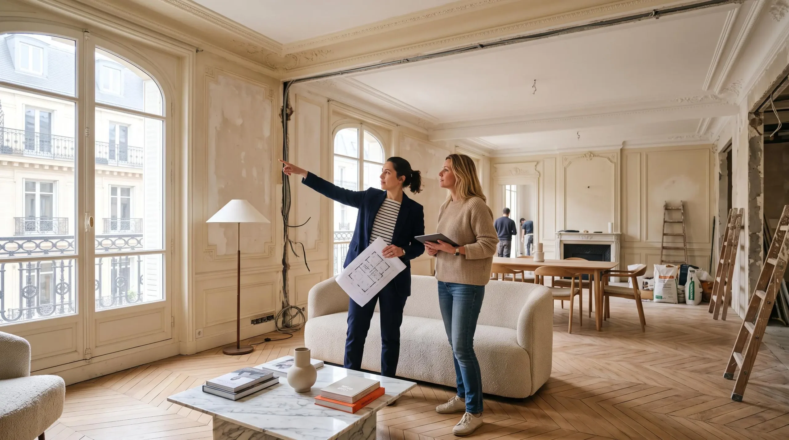 Un architecte d'intérieur présente un espace en rénovation à ses clients dans un appartement lumineux.