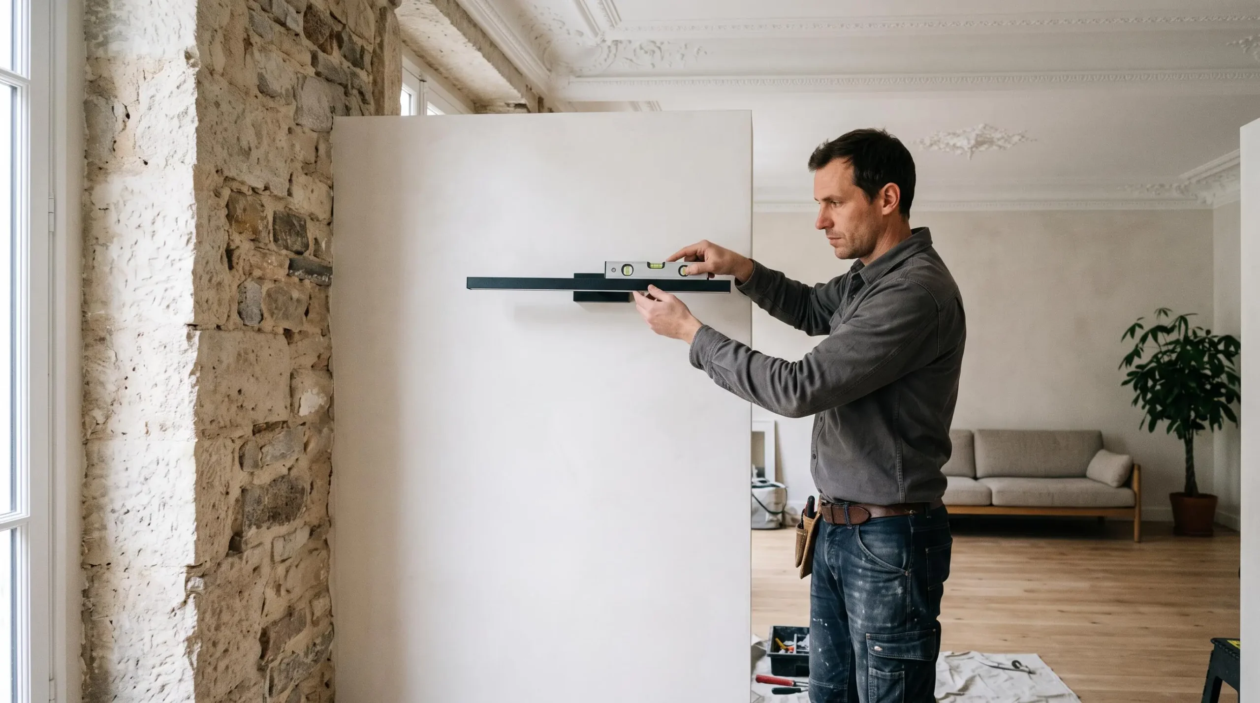 Un artisan fixe une applique contemporaine sur un mur en pierre ancienne avec un niveau.